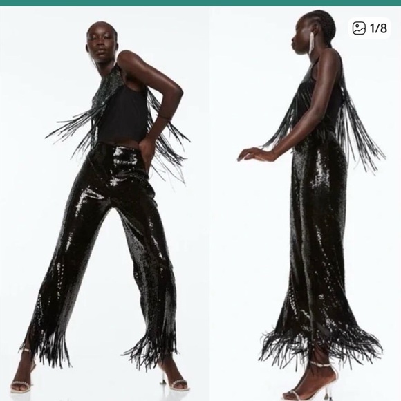 H&M | Black Sequin BLING Fringe Pants Pull-On Elastic Waist - Picture 10 of 11